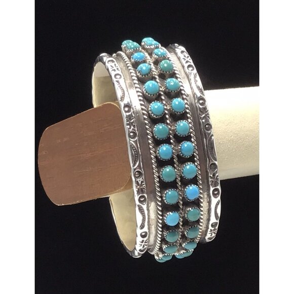 Sterling Silver Turquoise Zuni Native American Signed Cuff 61.7Gms 6.25”